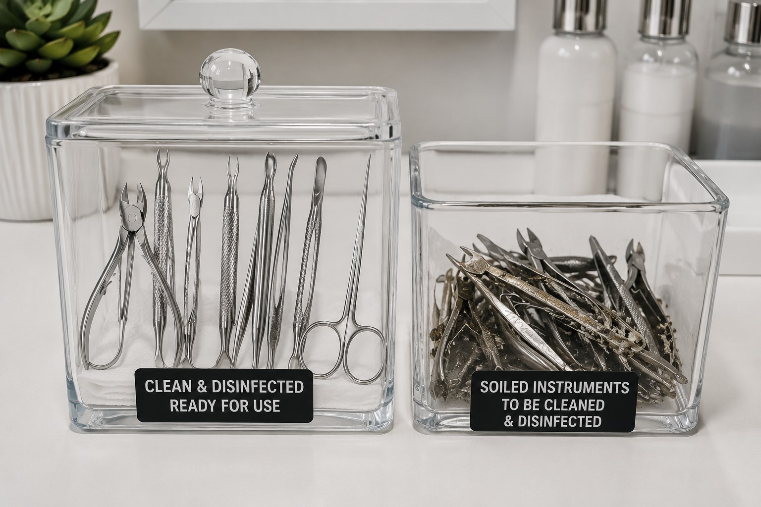 Labeled containers: clean and disinfected instruments vs soiled instruments to be cleaned