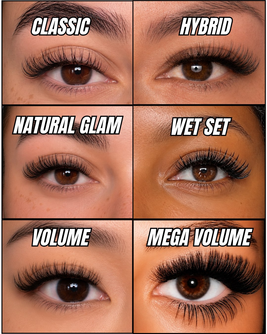 Classic, hybrid, natural glam, wet set, volume, and mega volume lash sets compared side by side