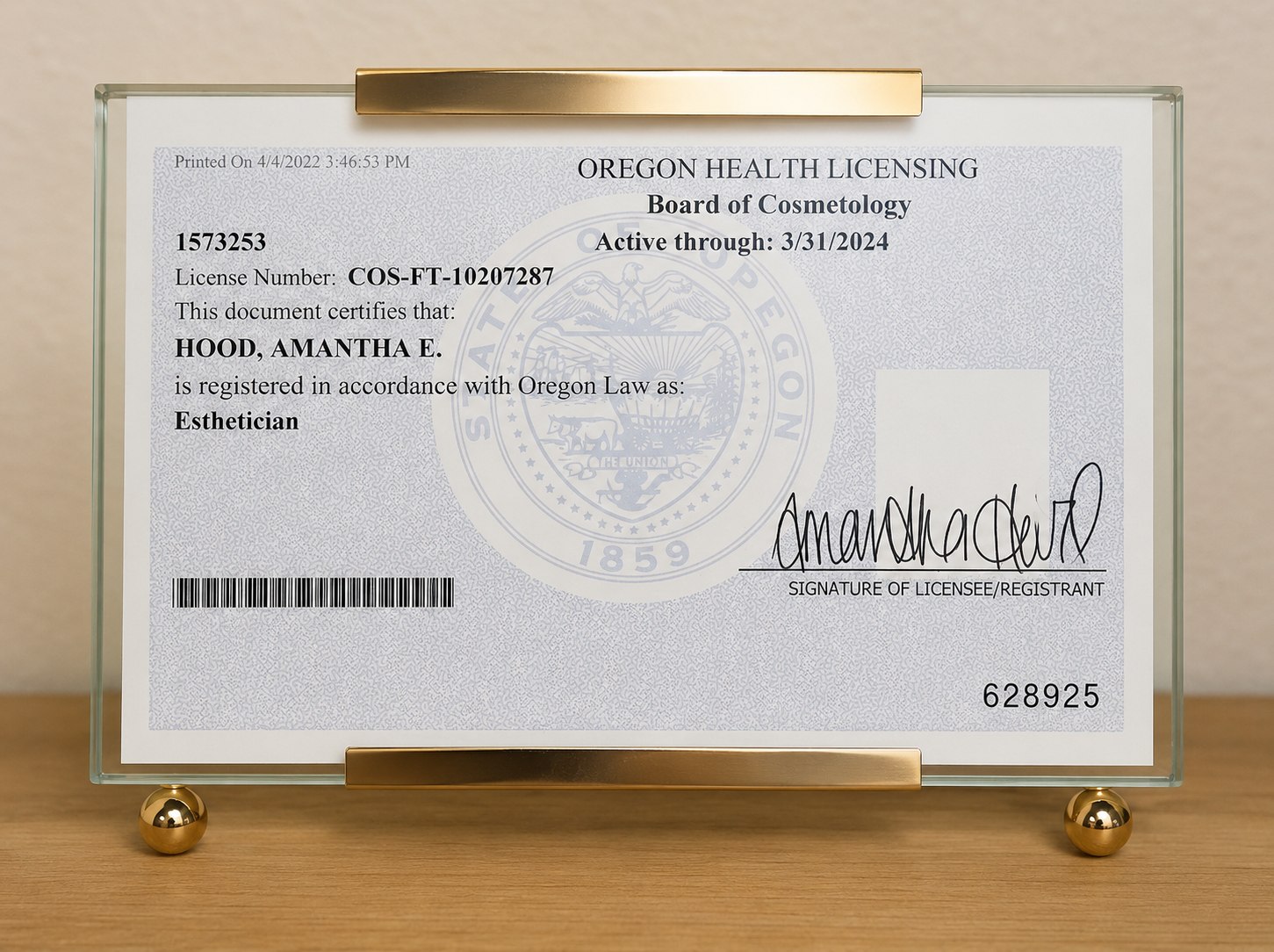 Ms. Hood's Oregon Health Licensing Board of Cosmetology Esthetician license