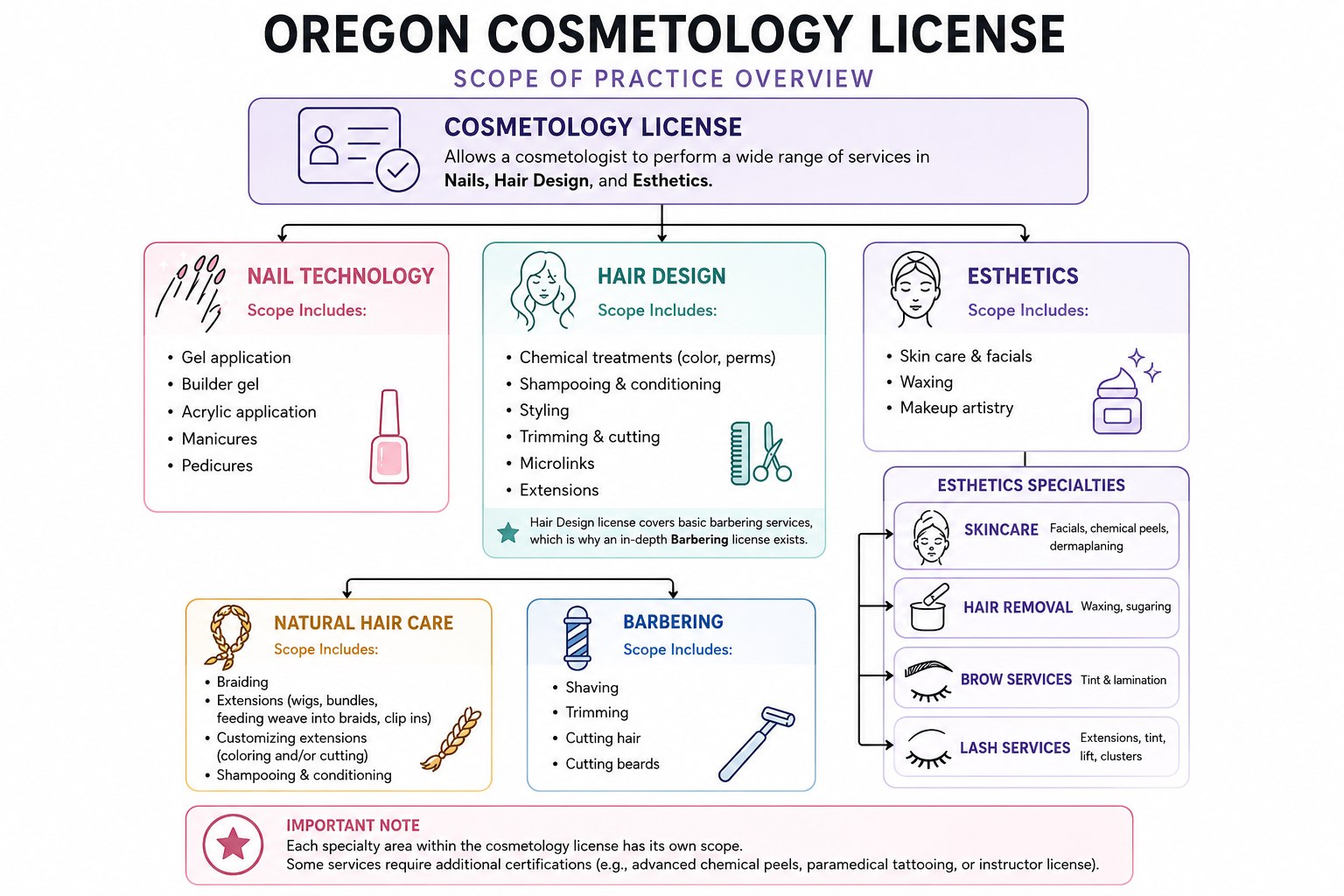 Oregon Cosmetology License scope of practice overview chart
