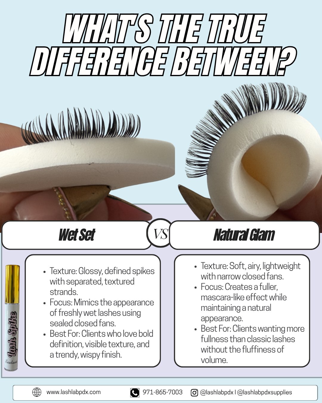 Wet set vs natural glam fans side by side on lash tiles